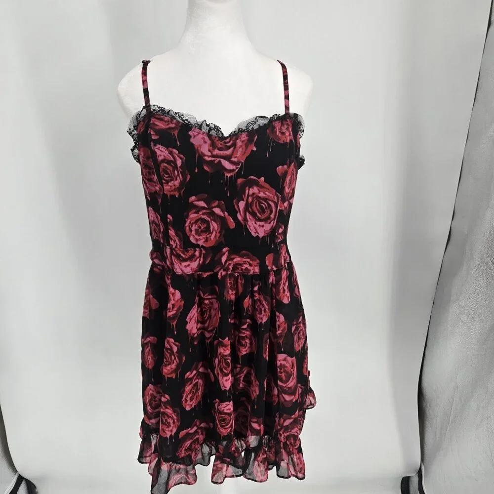 Royal Bones Daang Fit n Flare Mini Dress Rose Lace Ruffle Gothic Vamp Y2K XL - Picture 2 of 8